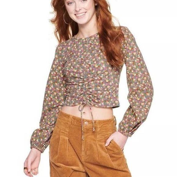 NWOT SO Juniors XXL Floral Ruched Long Sleeve Stretch Knit Crop Top Boho Style - Picture 2 of 9